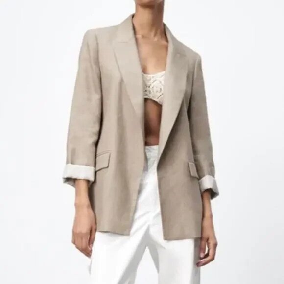 ZARA Oversized Linen Blend Longline Blazer Neutral Beige Tan Size Medium - Picture 1 of 12
